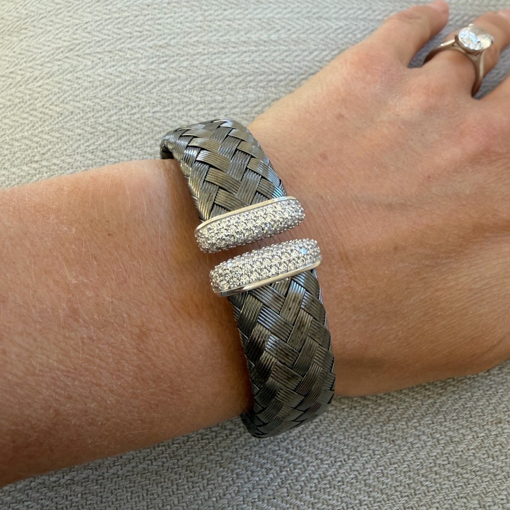 Woven Metallic Open Cuff Bracelet with Crystal Pavé Ends - Silver